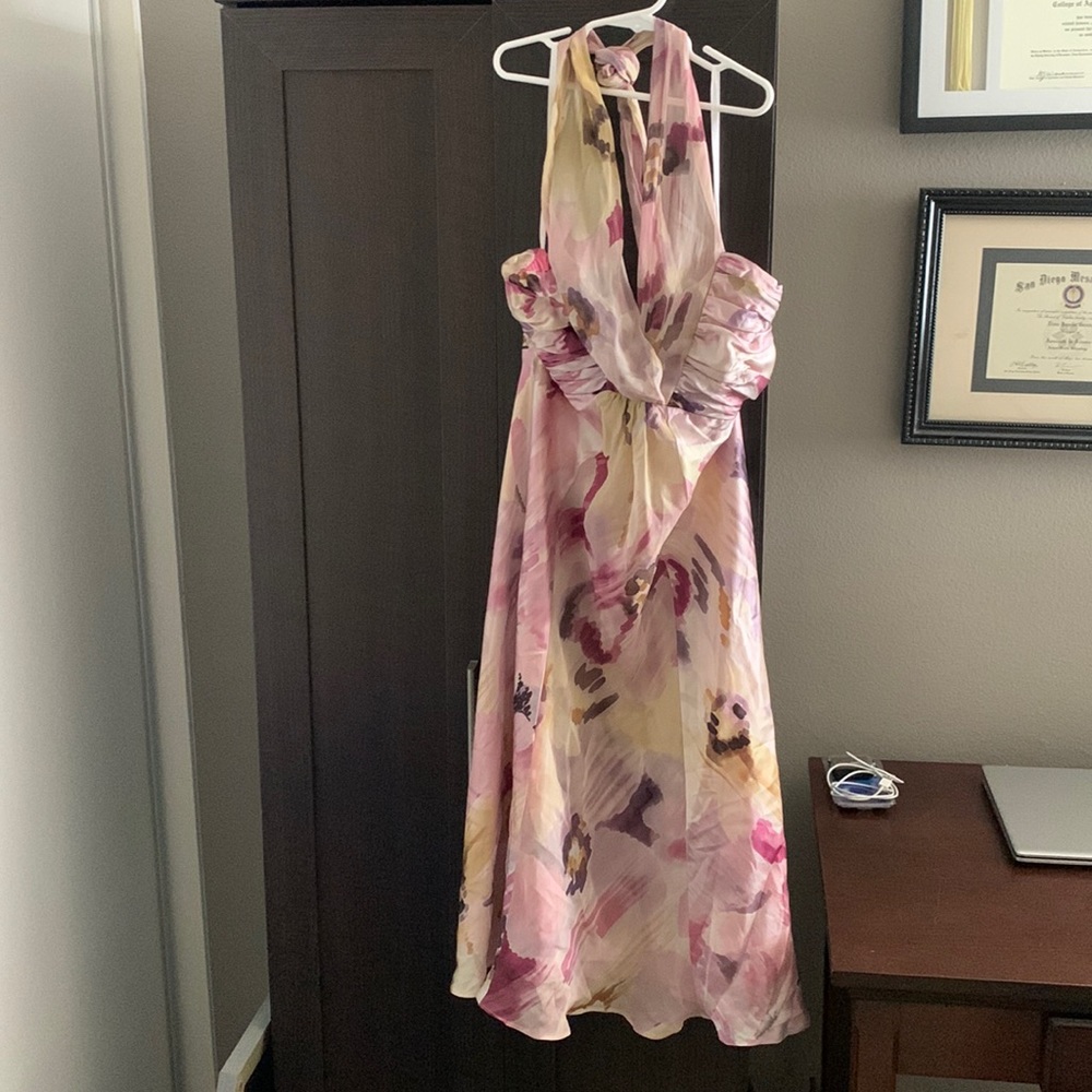 Donna Ricco dress sheer straps tie around neck.
